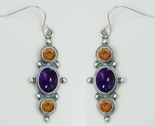 Sterling Silver Drop Dangle Earrings With Iolite And Amber